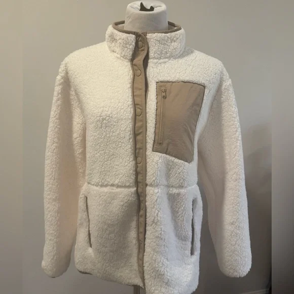 32 Degrees White and Camel Snap Front Sherpa Jacket - Picture 1 of 9